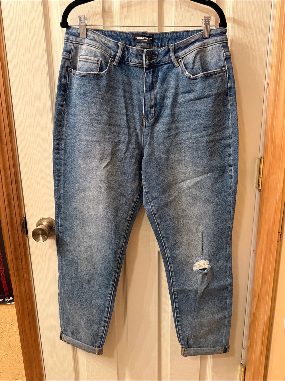 Prosperity Women's Light Blue Boyfriend Jeans with Distressed Knee